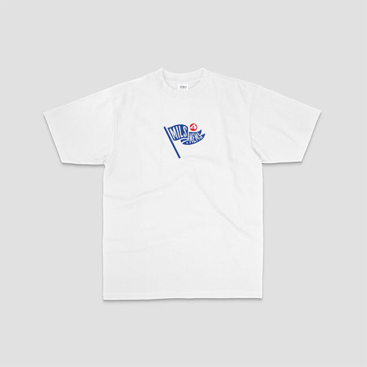 Front view of a white VW dub culture t-shirt with small M4M flag logo on the chest
